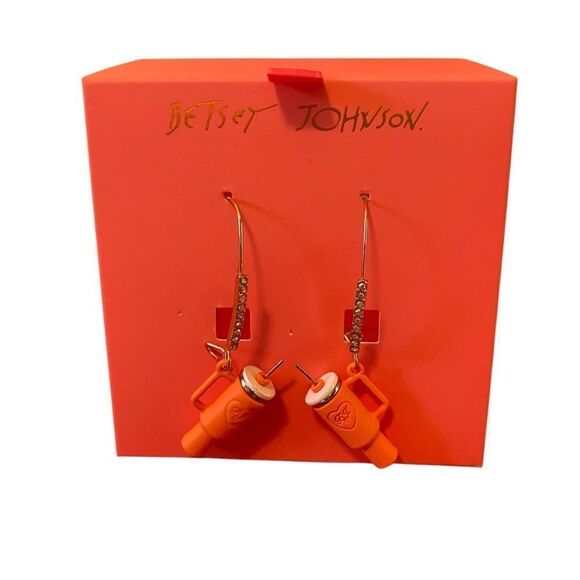 Betsey Johnson Orange Tumbler Dangle Earrings w/ Eye Catching Rhinestones. - Picture 4 of 8